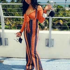 2 piece suspende tie front long sleeve shirt bell bottom